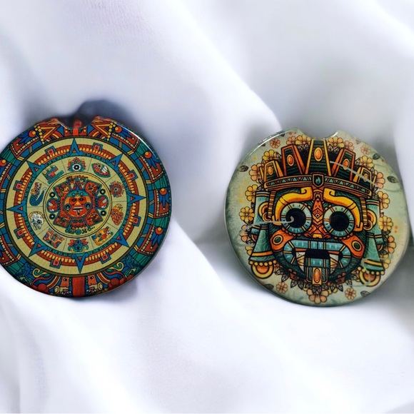 Set of 2 Ceramic car coasters with Aztec design - Picture 2 of 3